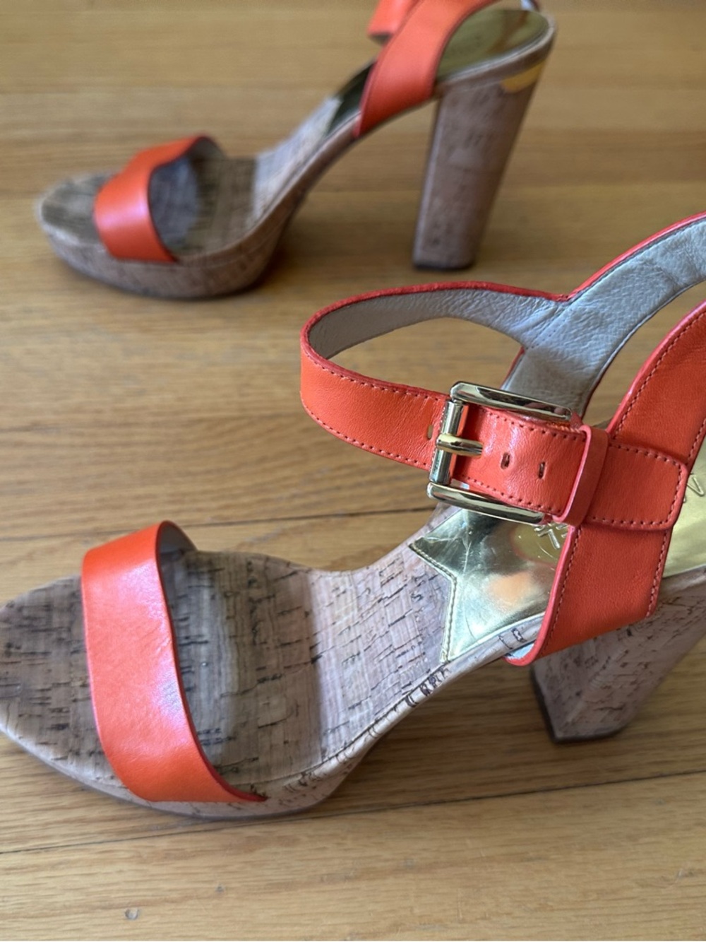 Michael Kors Coral Orange Cork Platform Wedge Sandals with Gold Buckle